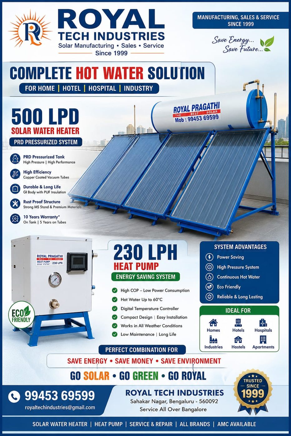 Royal Tech Industries product poster – 500 LPD PRD pressurized solar water heater and 230 LPH heat pump