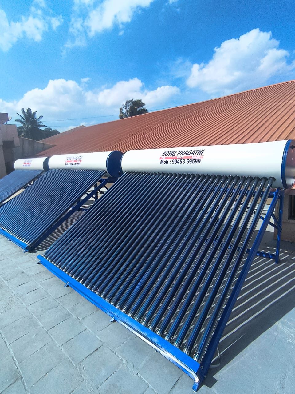 ROYAL PRAGATI ETC solar water heater installed on a home roof